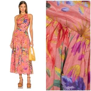 NWT Zimmermann Pink Tropicana Assymetric Printed Cotton One Shoulder Maxi Dress
